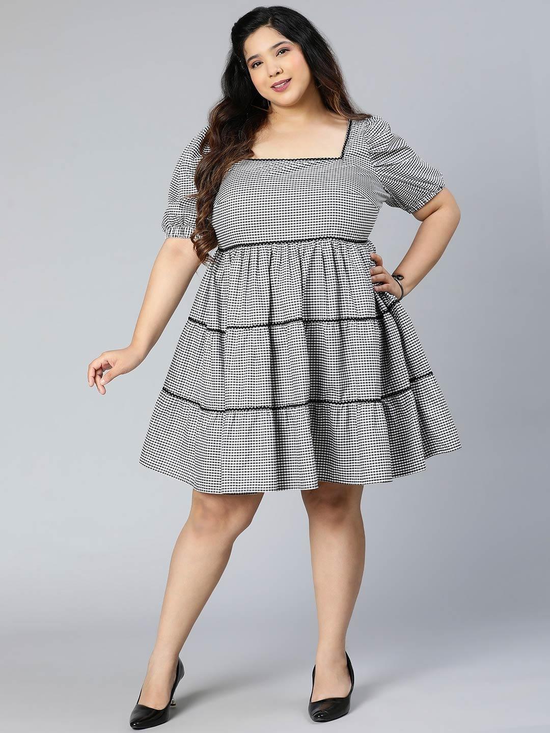 Silver Grey Check Print Plus Size Curvy Dress For You - oxolloxo
