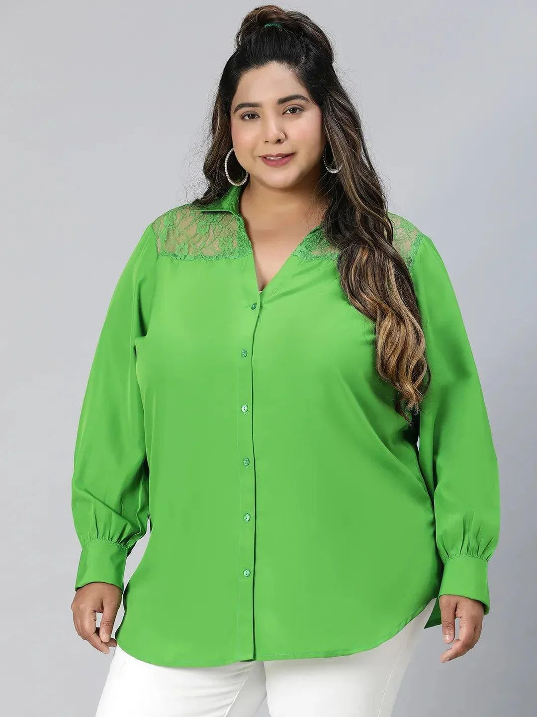 Embraced Green Lace Detail Long Sleeve Plus Size Shirt - oxolloxo