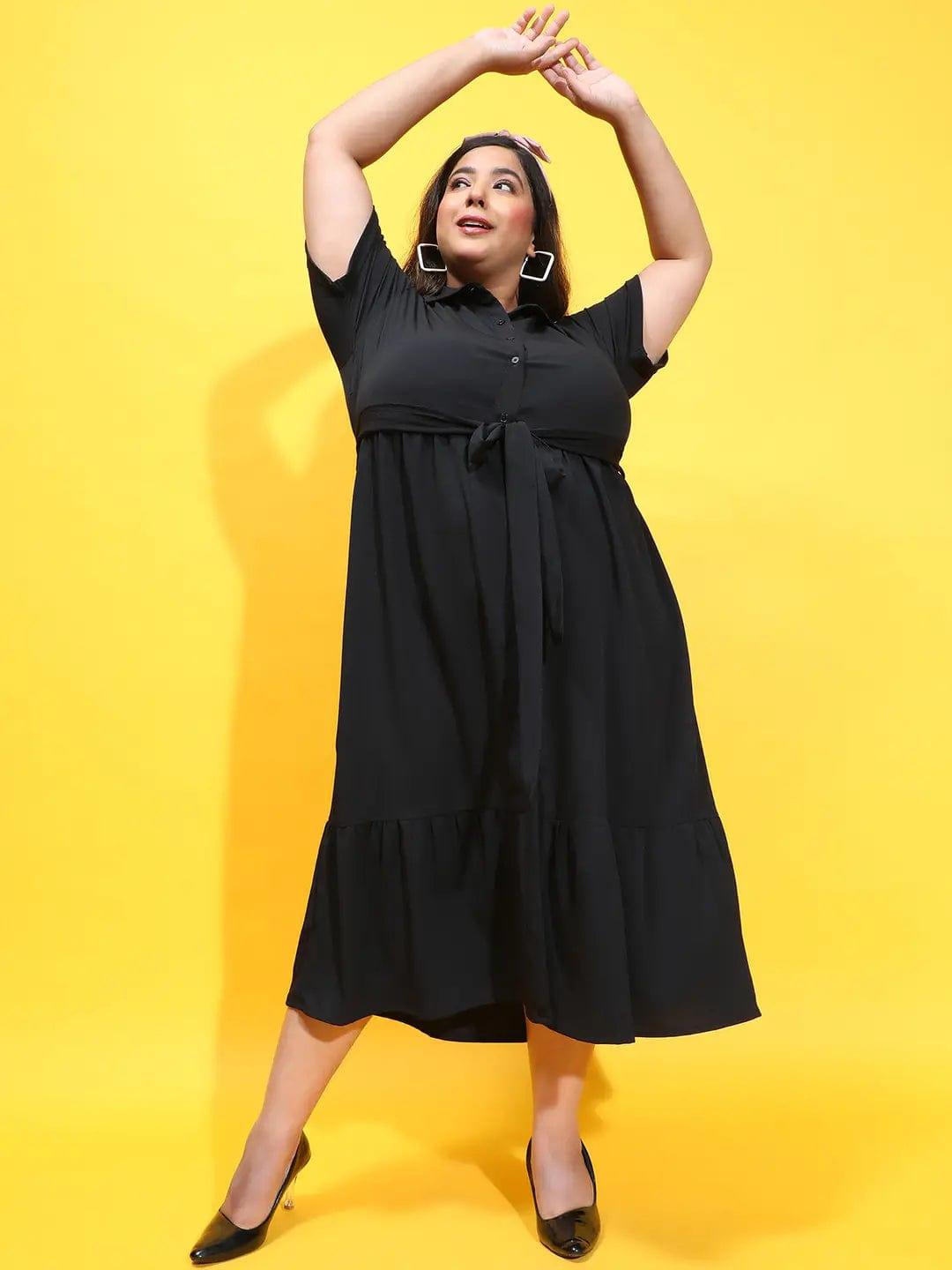 Coco Solid Black Button Down Plus Size Curvy Dress oxolloxo