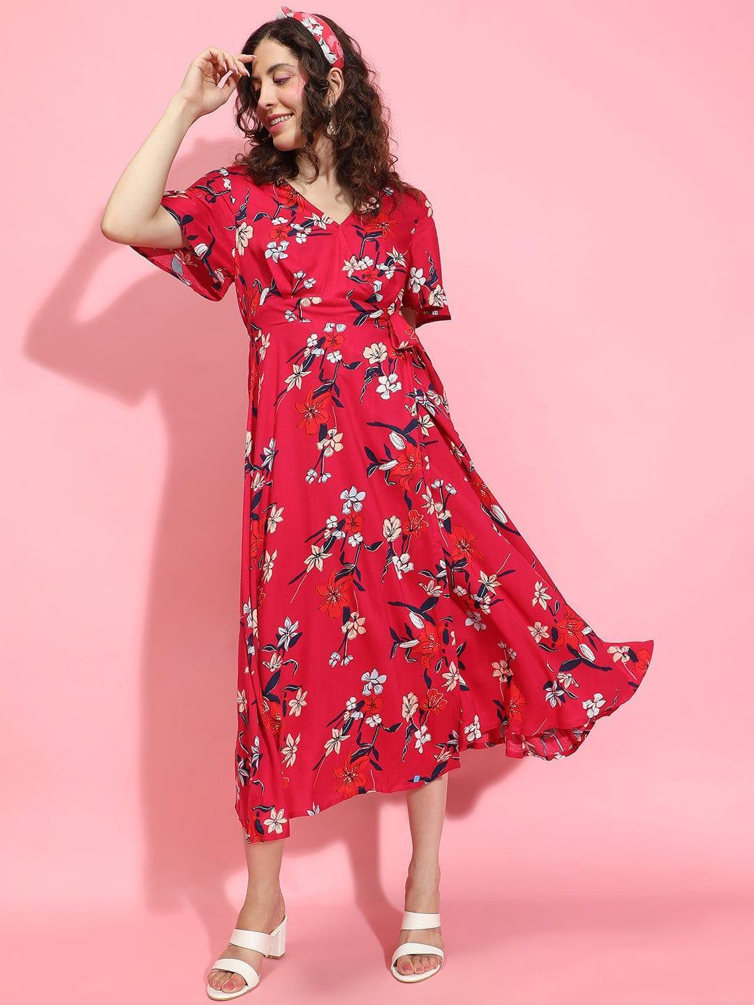 Tiara Red Floral Print Belted Long Flare Women Dress - oxolloxo