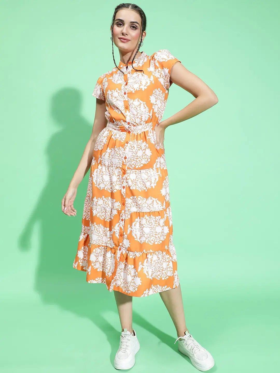 Orange Tropical Print Button Down Detail Women Dress - oxolloxo