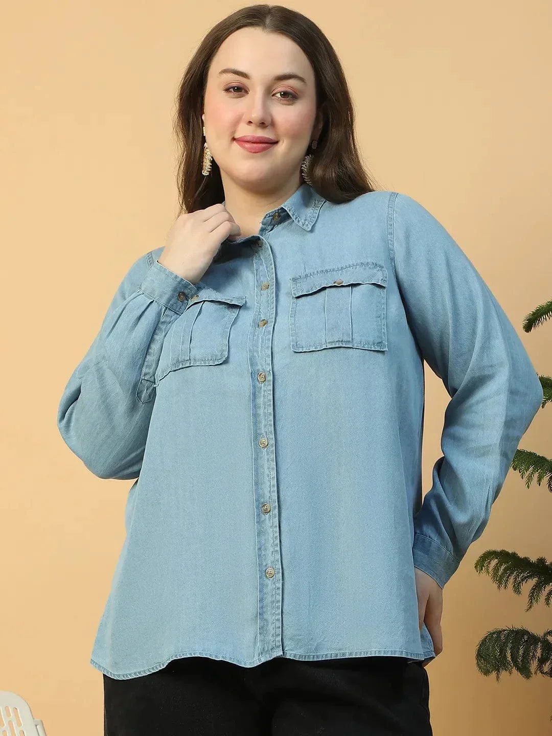 Button Womens Denim Shirt Plus Size Quick Light Blue Collared Neck
