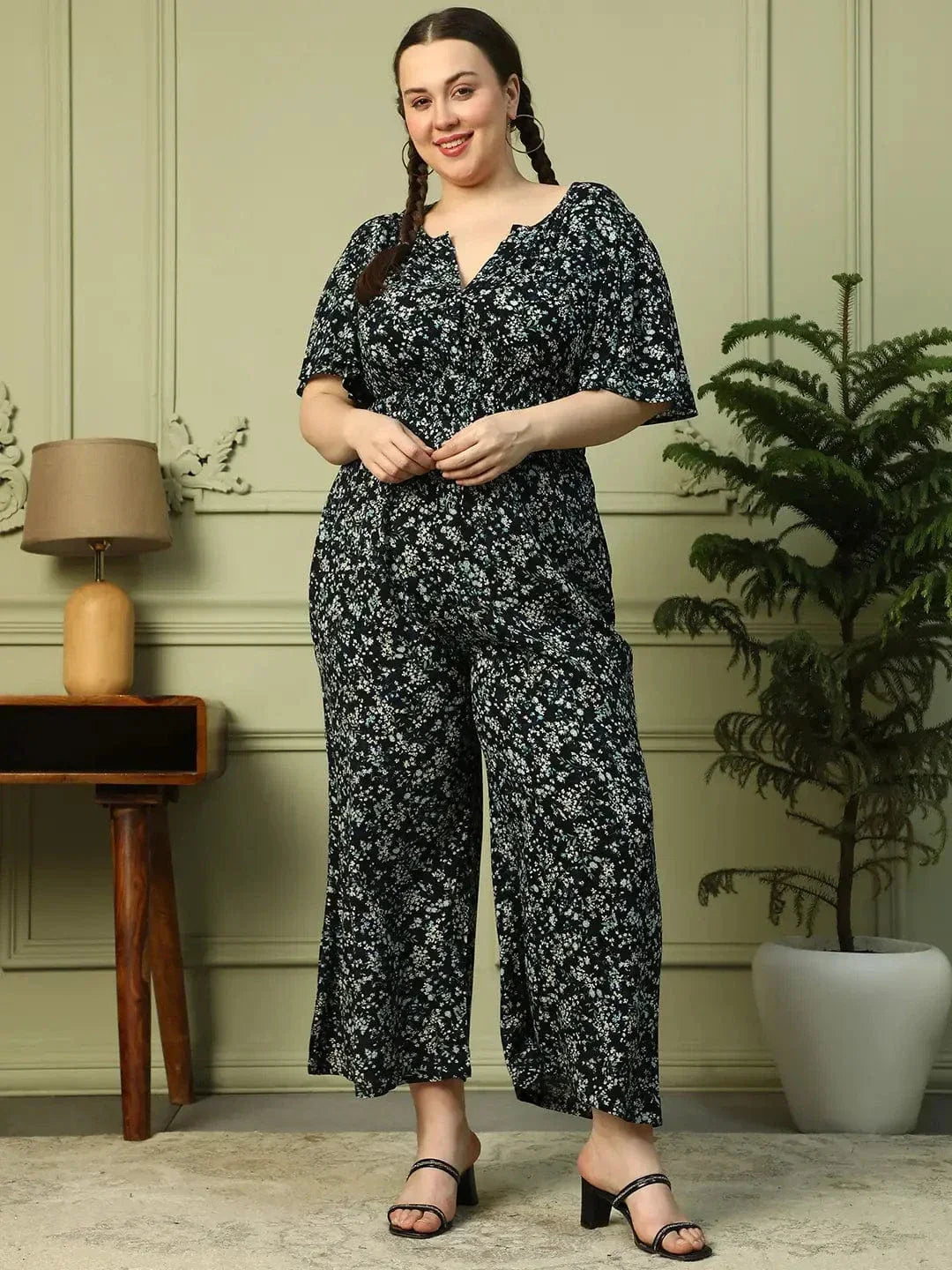 Multicolor Floral Print Short Sleeve Elasticated Plus Size Women Jumpsuit