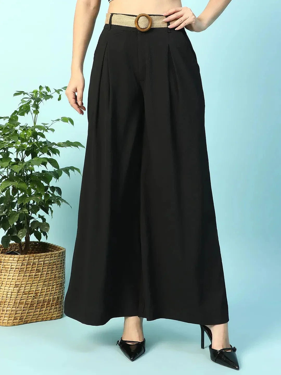Major Solid Black Elasticated With Button Closure Long Flared Women Pant