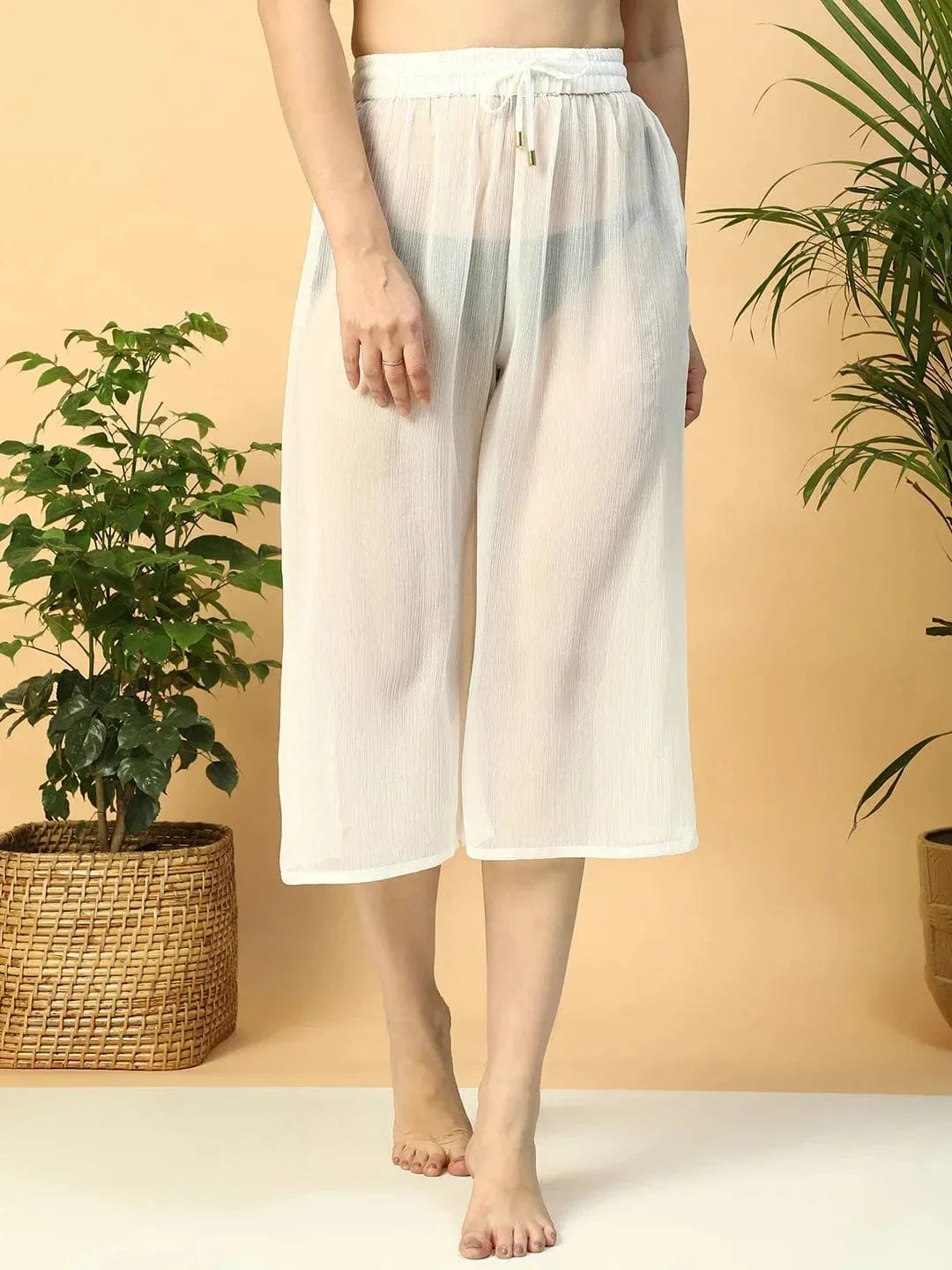 Solid White Elasticated Waist With Tie-Up Detail women Beachwear