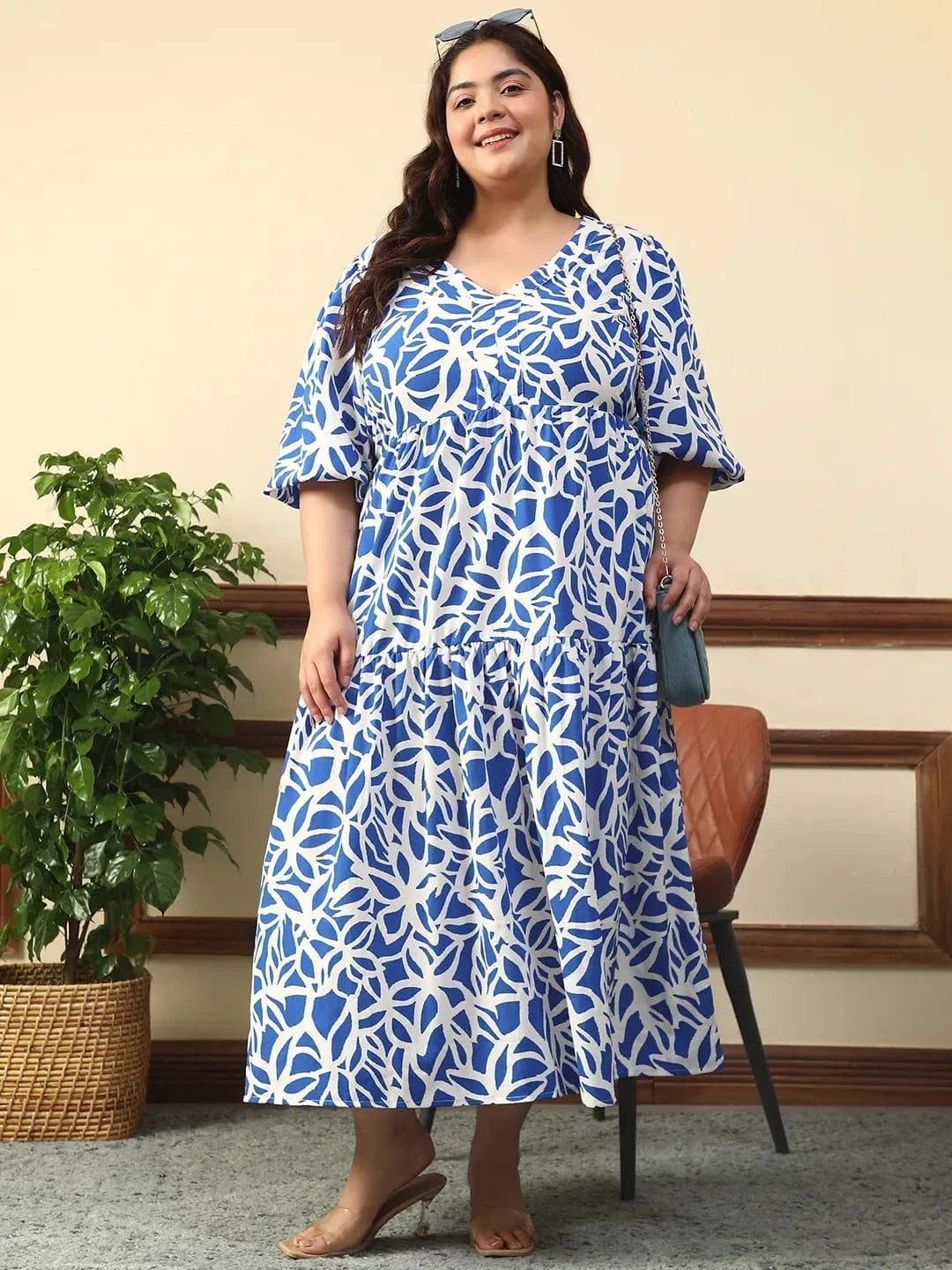 Plus Size Blue Floral Maxi Dresses Bare Blue Floral Print Short