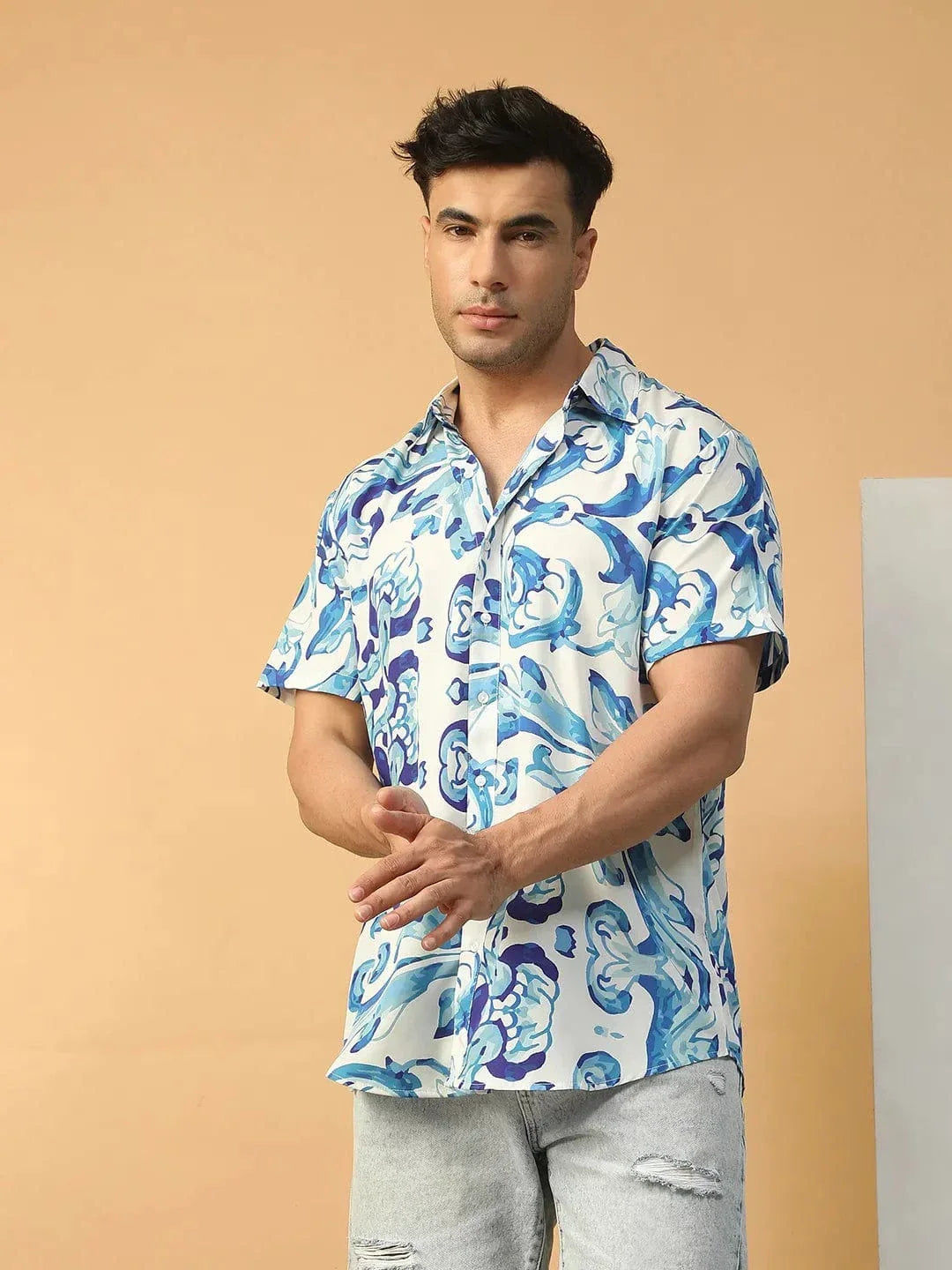 Player Blue Abstract Print Collared Short Sleeve Men