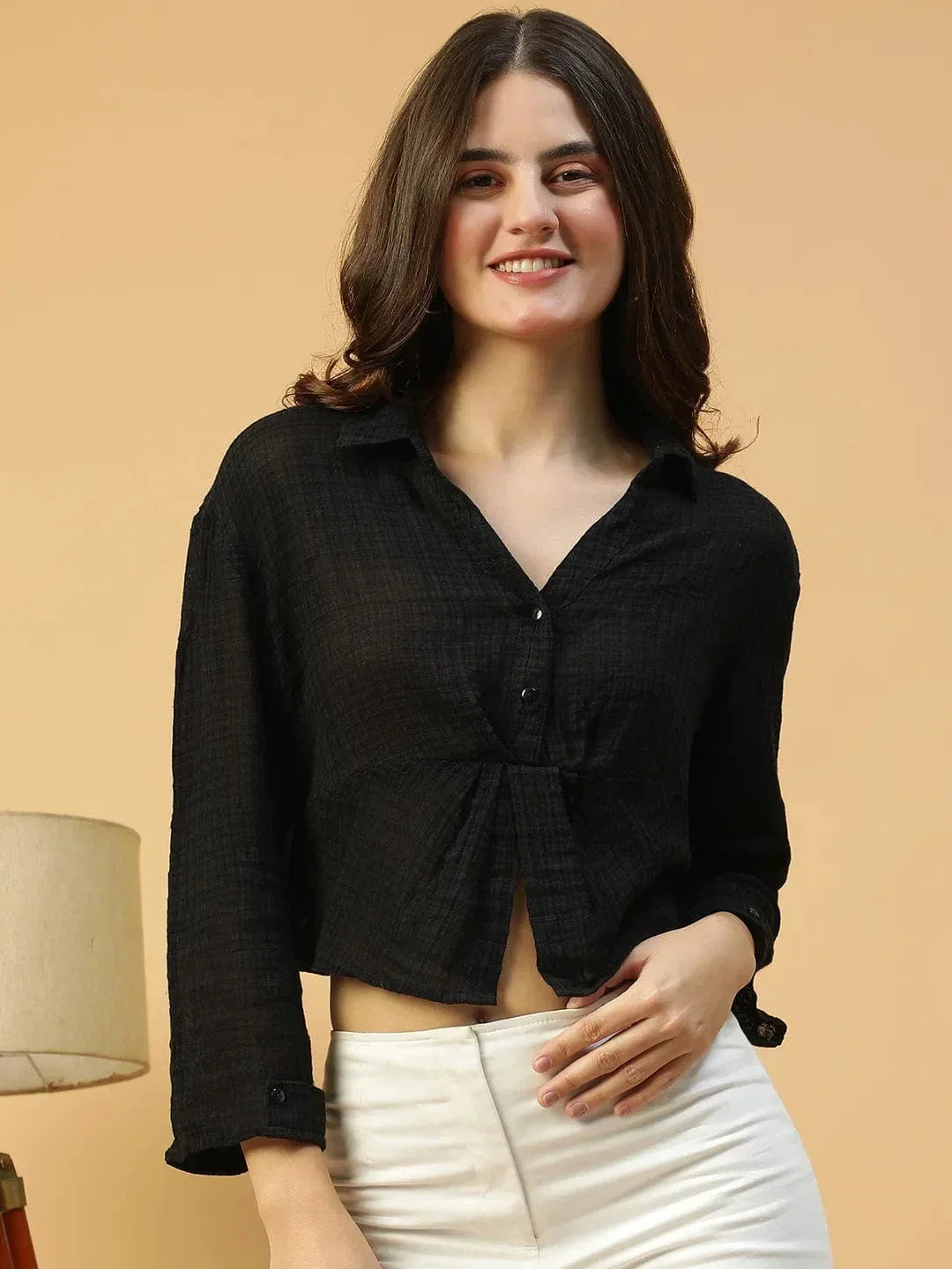 Retro Black Long Sleeve Open Collar Women Crop Cotton Shirt