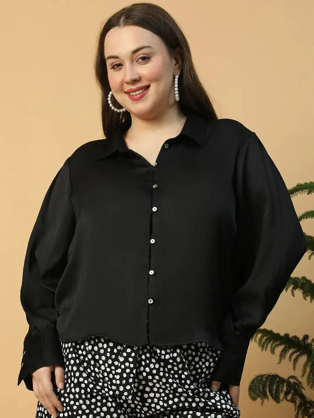 Vivid Solid Black Button Down Collared Long Sleeve Plus Size Women