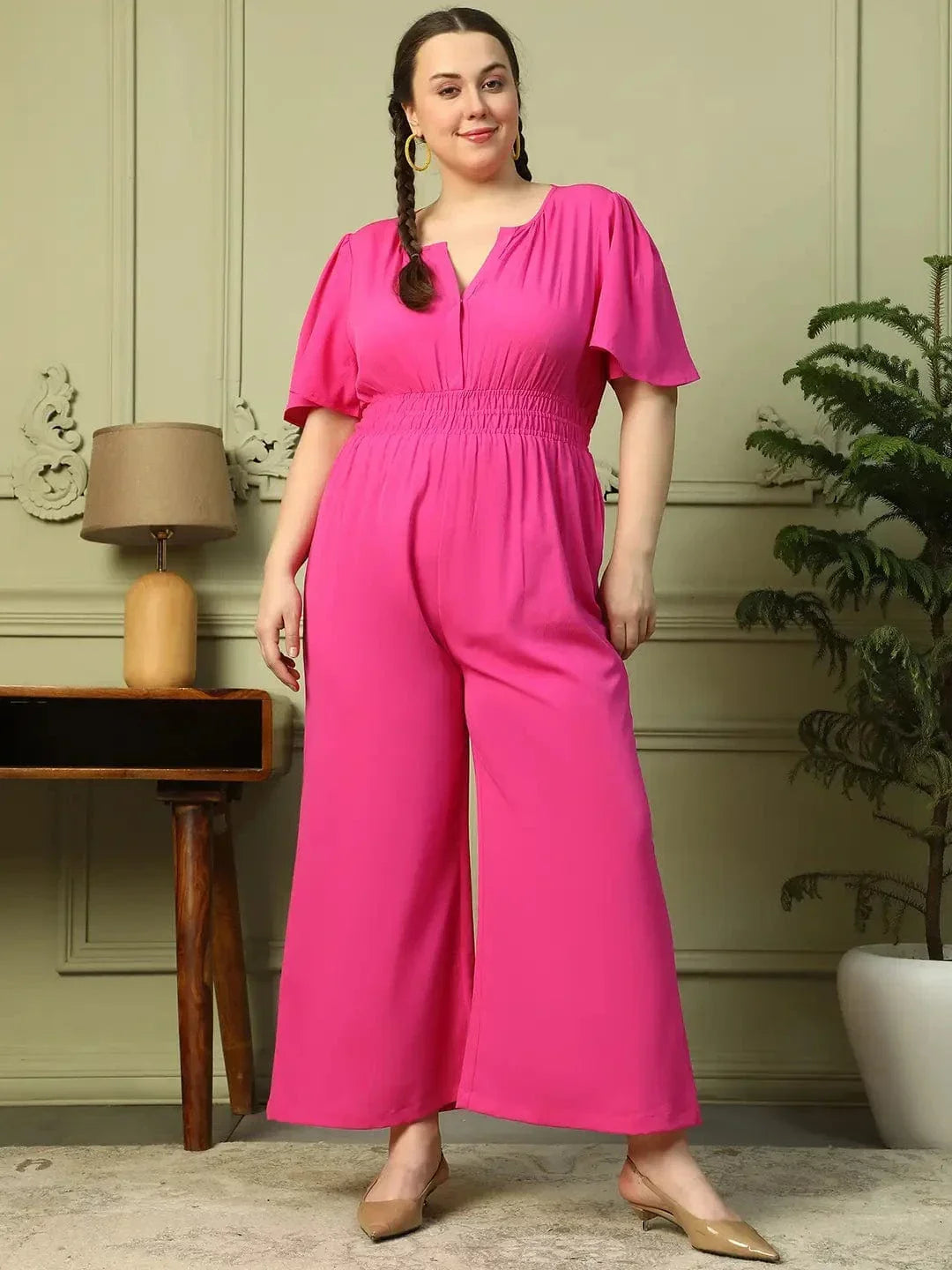 Solid Pink V-Neck Short Sleeve Elasticated Plus Size Women