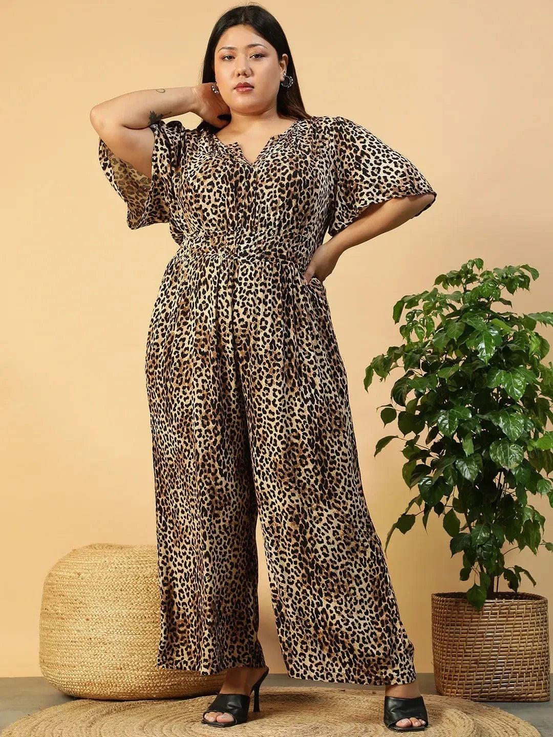 Multicolor Animal Print Button Down Short Sleeve Elasticated Plus Size  Women Jumpsuit
