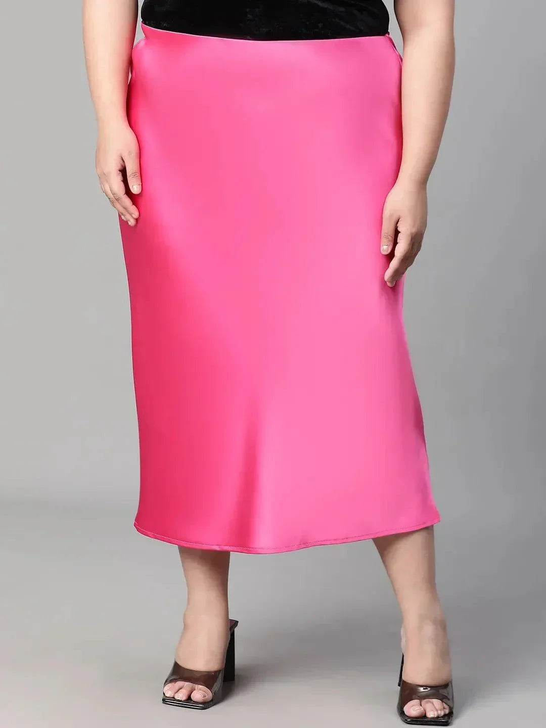 Eye-catchy Elasticated Plus Size Women Knee-length Satin Skirt