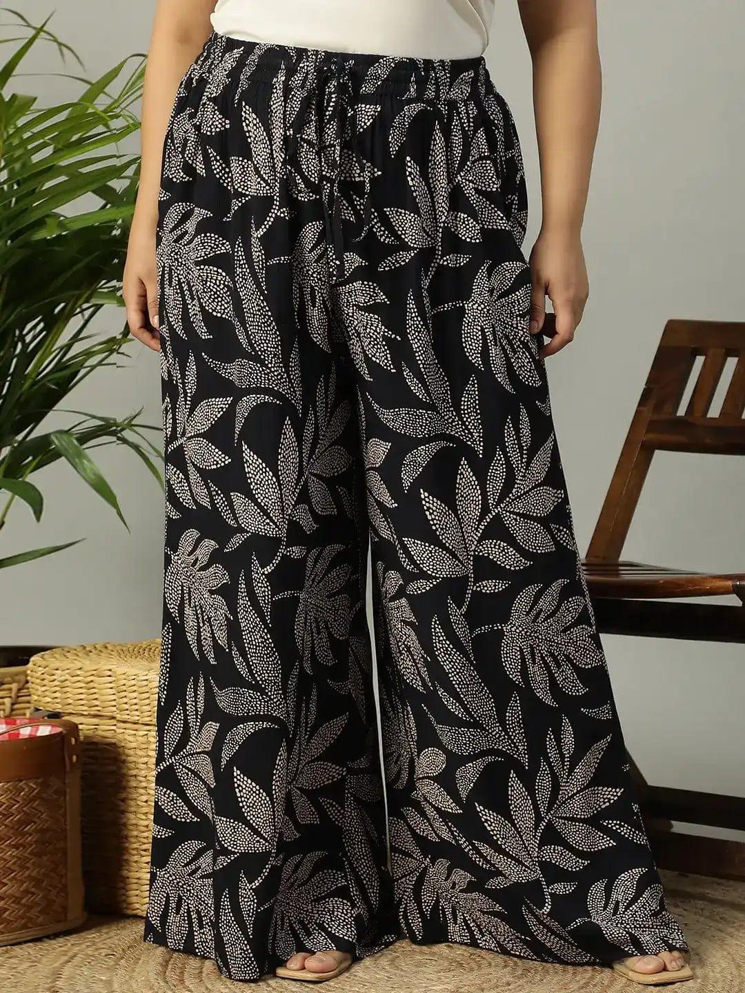Pitch Black Tropical rayon print Elasticated Plus Size Women Pant - oxolloxo