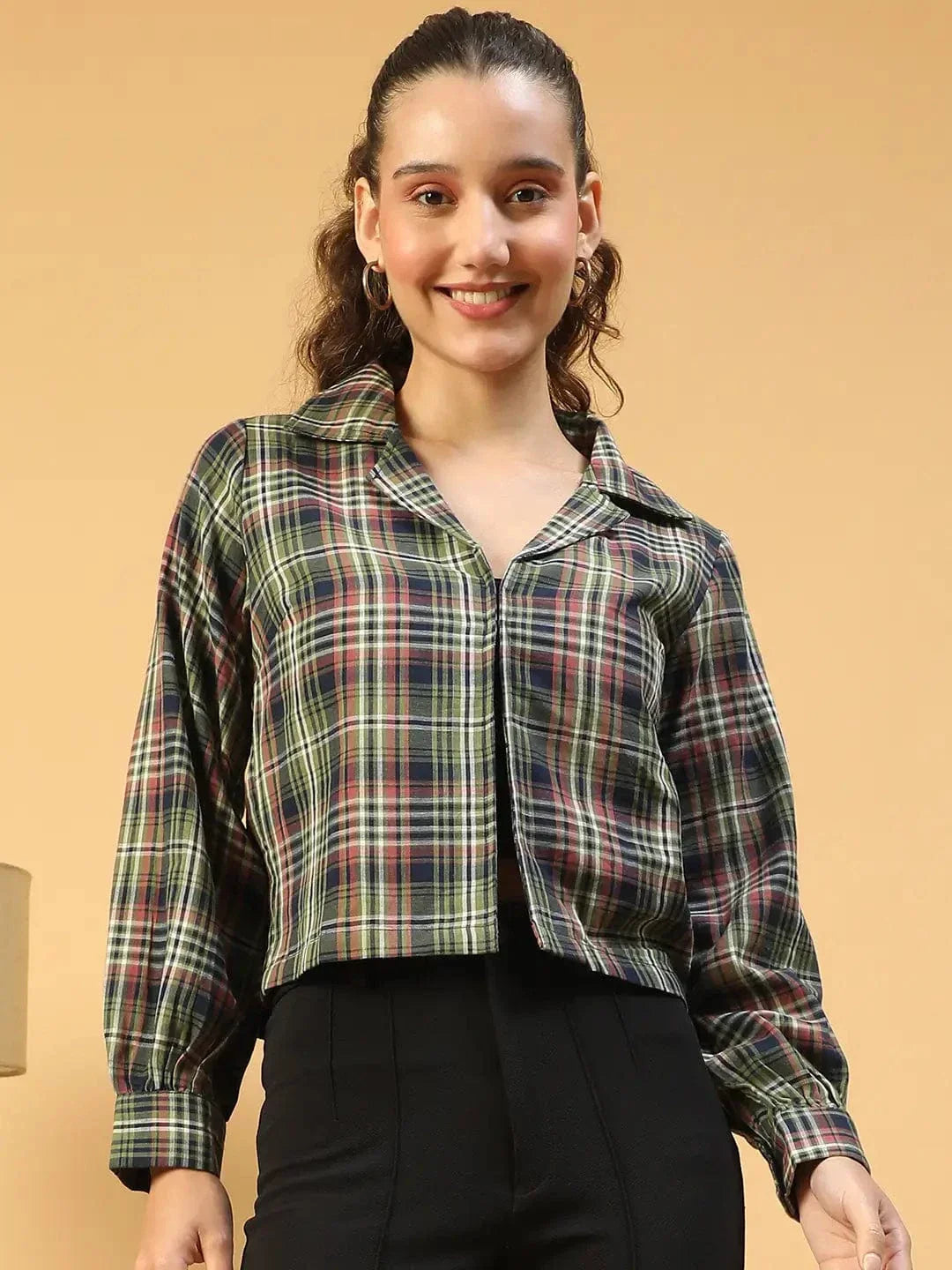 Multicolor Check Print Long Sleeve Open Collared Button Down Women Crop  Shirt