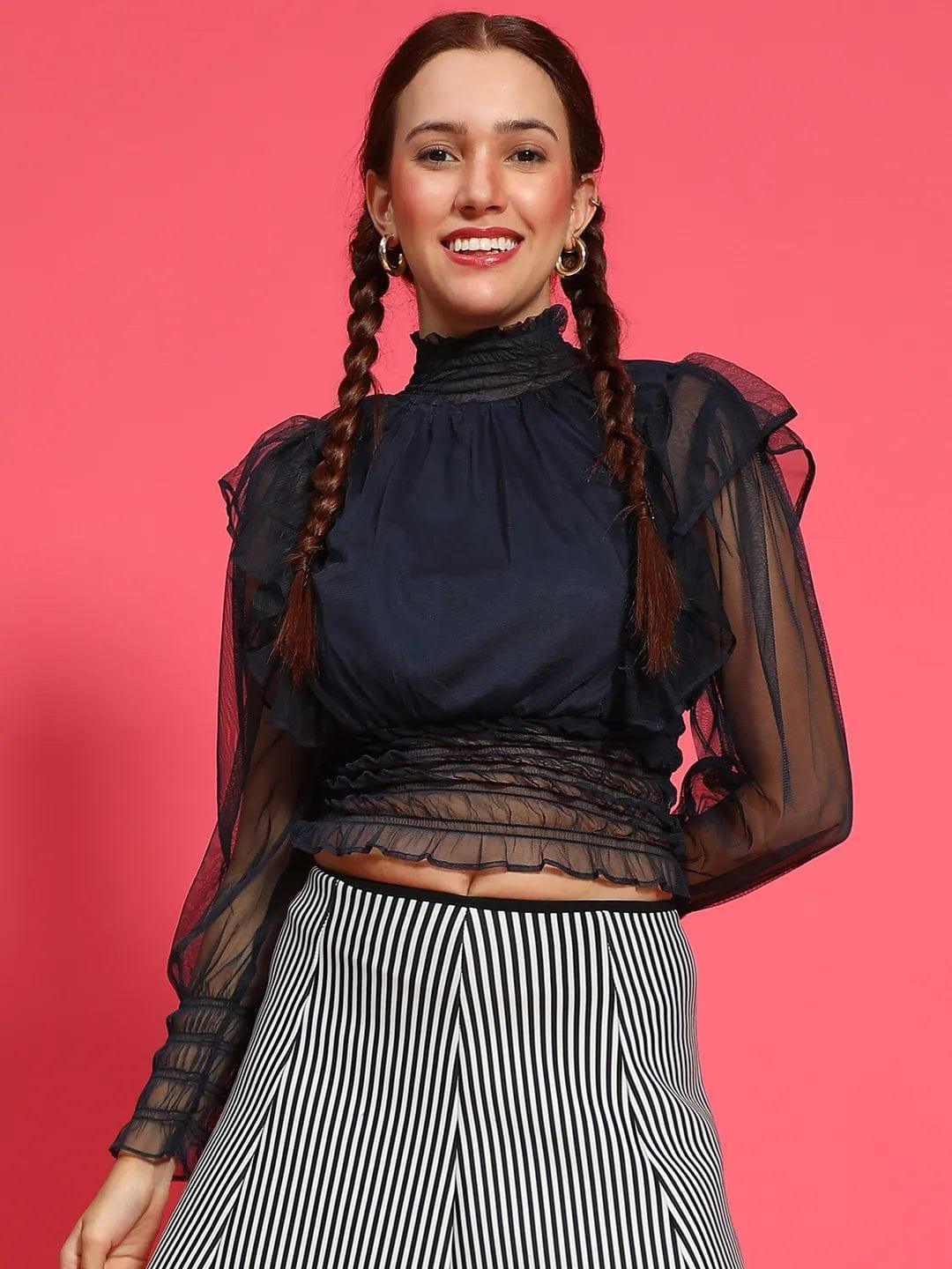 Party Black Round Neck Long Sleeve Ruffle Detail Sheer Partywear