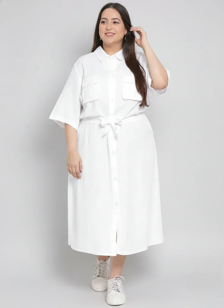 Basic White Plus Size Curvy Midi Shirt Dress For Women
