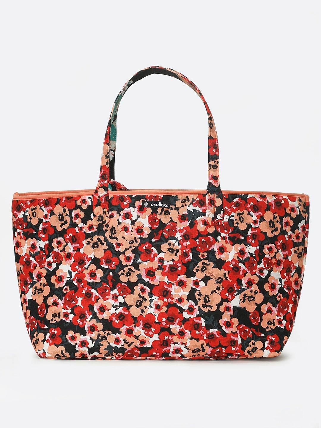 Red Black Floral Print Women Reversible Handbag For Fashion