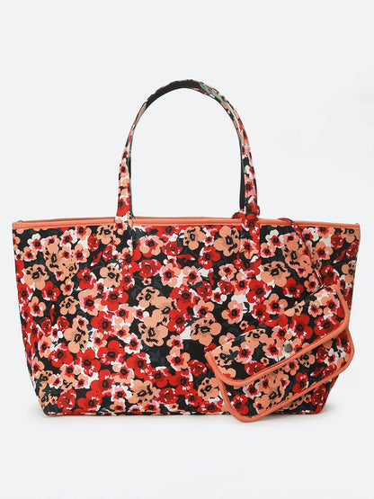 Red Black Floral Print Women Reversible Handbag For Fashion