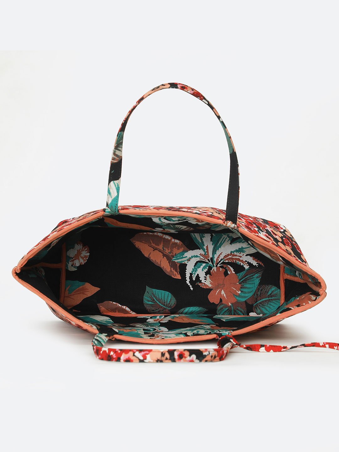 Red Black Floral Print Women Reversible Handbag For Fashion