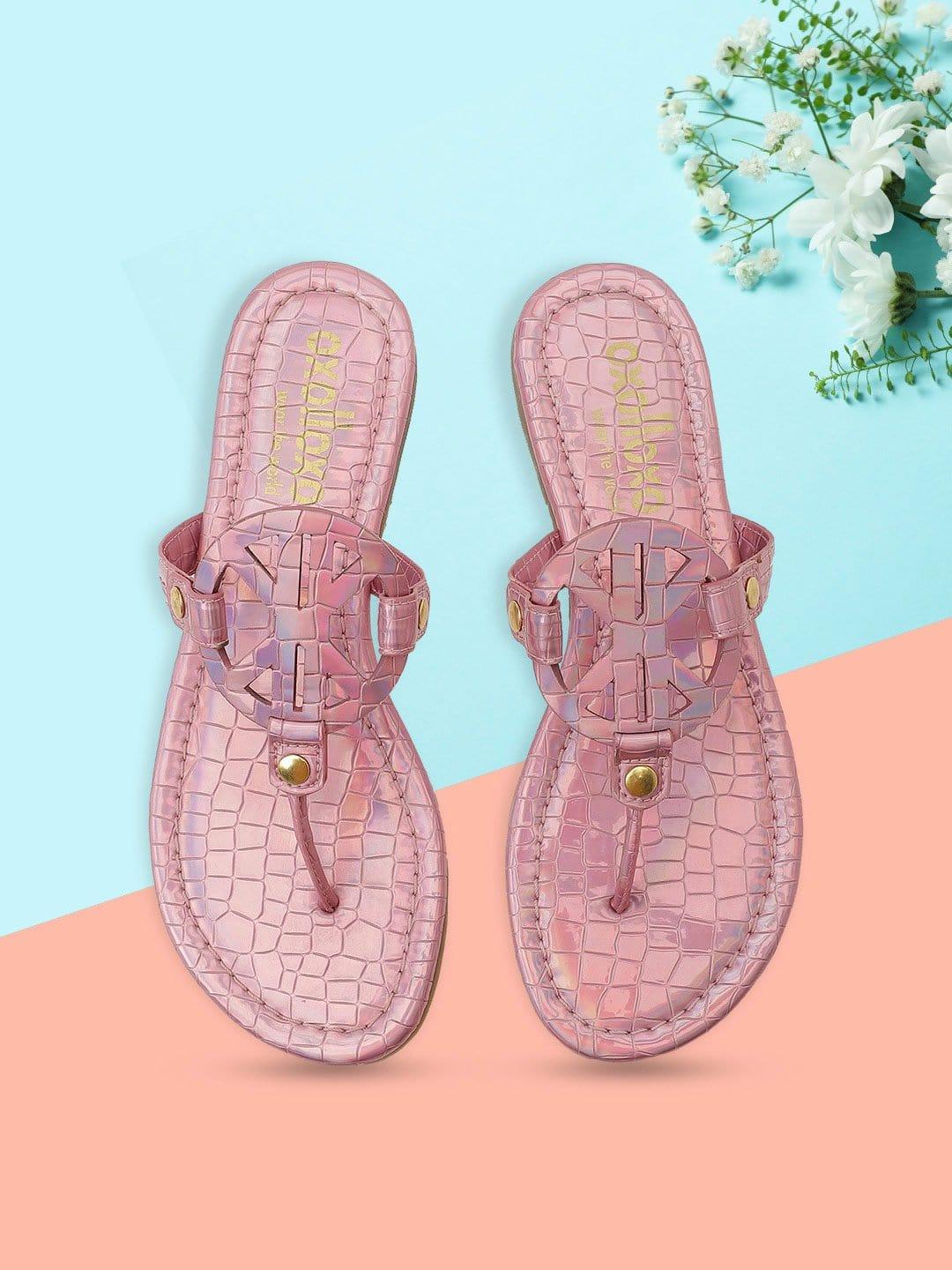 Glittery Textured Pink T-Shape Open Back Flat Sandals