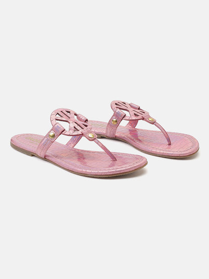 Glittery Textured Pink T-Shape Open Back Flat Sandals