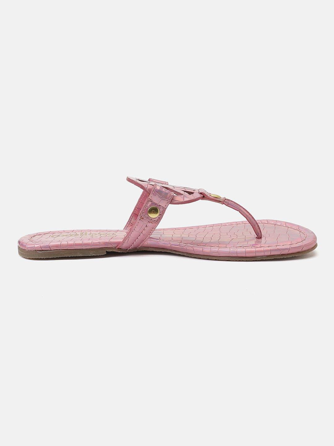 Glittery Textured Pink T-Shape Open Back Flat Sandals