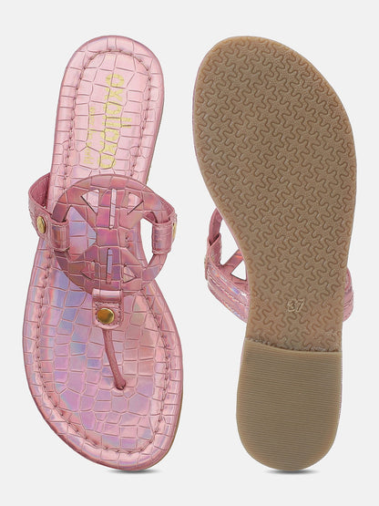 Glittery Textured Pink T-Shape Open Back Flat Sandals