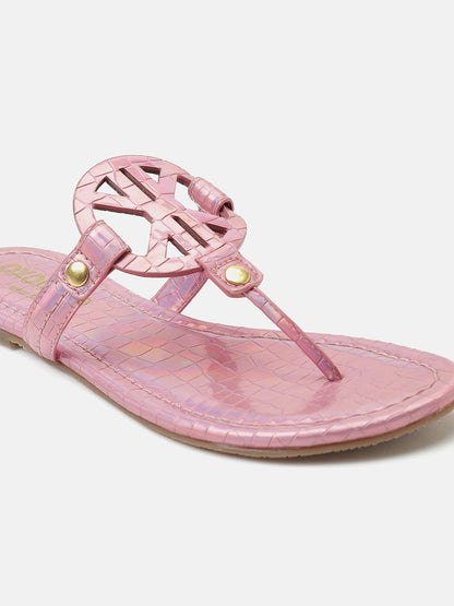 Glittery Textured Pink T-Shape Open Back Flat Sandals