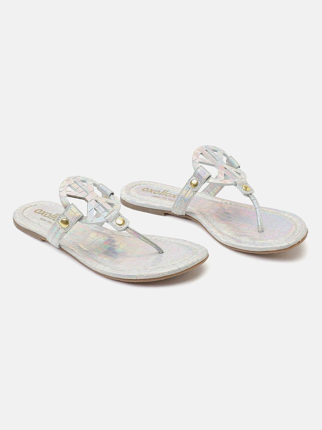 Textured Sliver T-Shape Open Back Flat Sandals For Women - oxolloxo