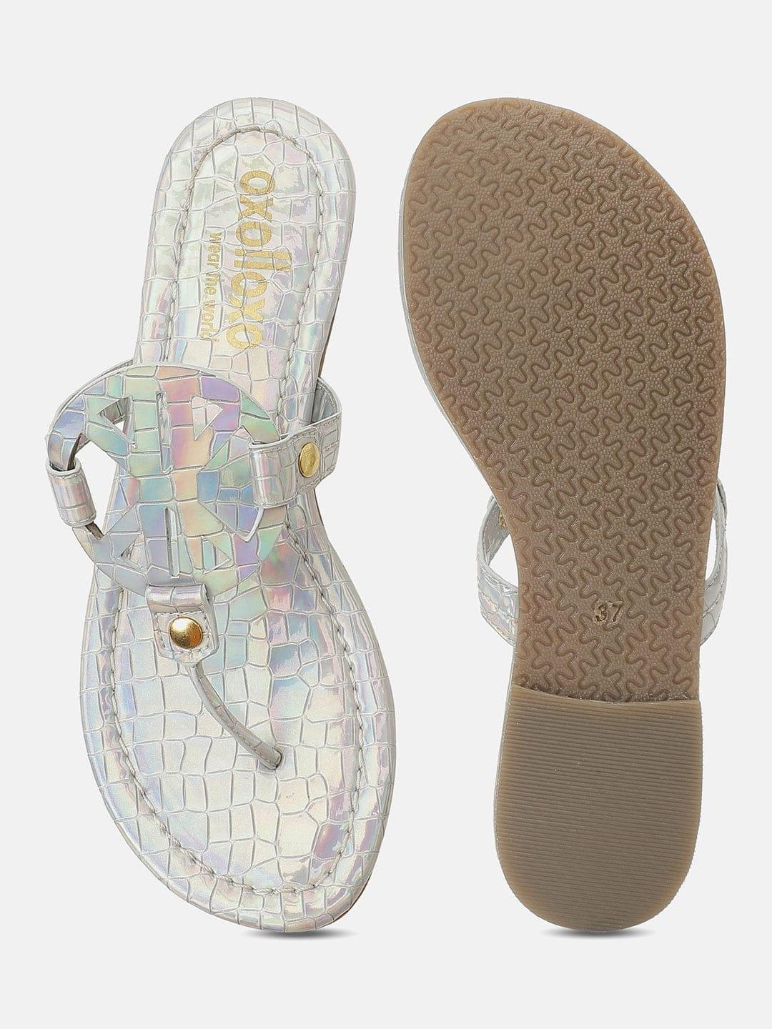 Textured Sliver T-Shape Open Back Flat Sandals For Women - oxolloxo