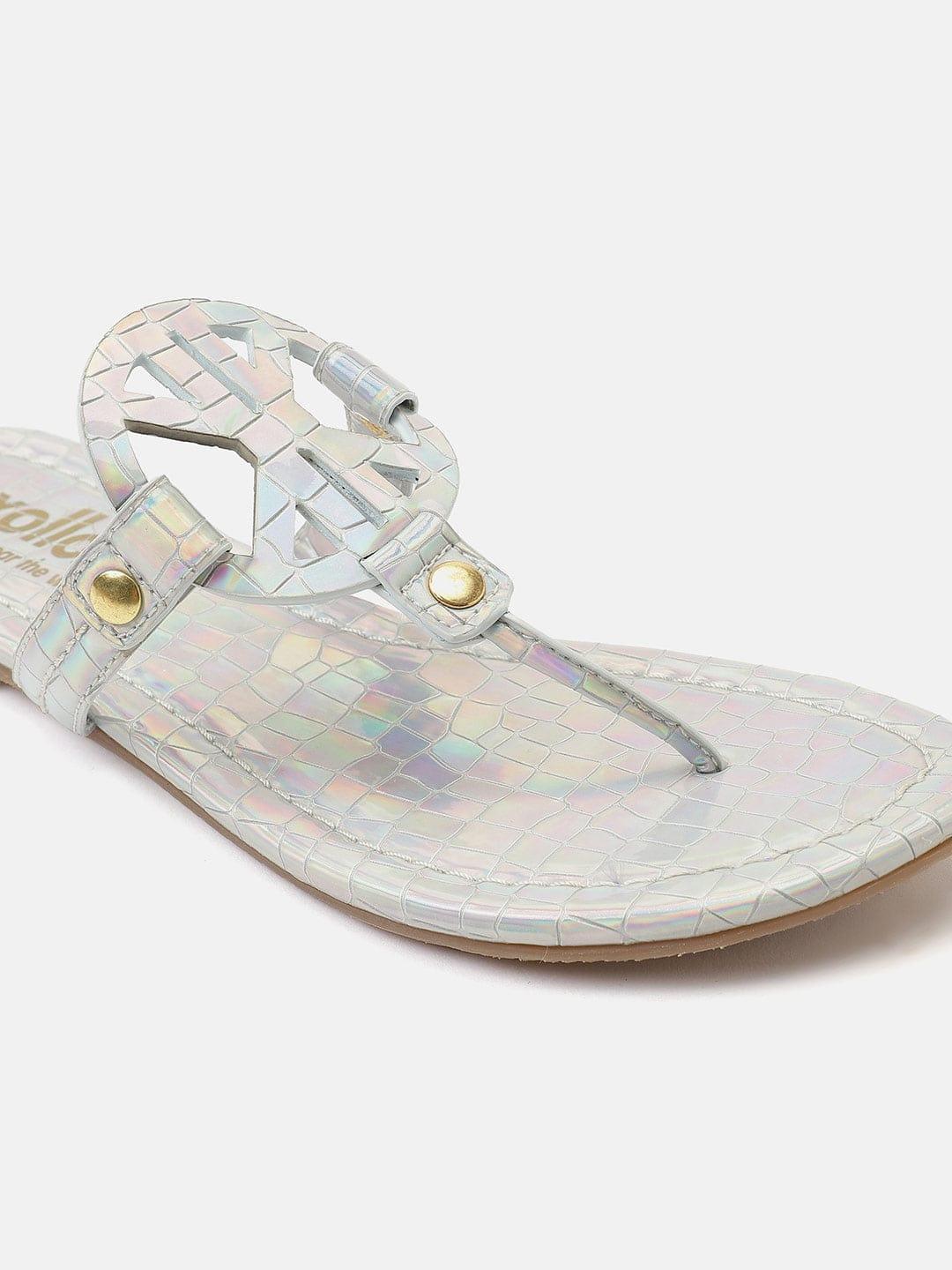 Textured Sliver T-Shape Open Back Flat Sandals For Women - oxolloxo