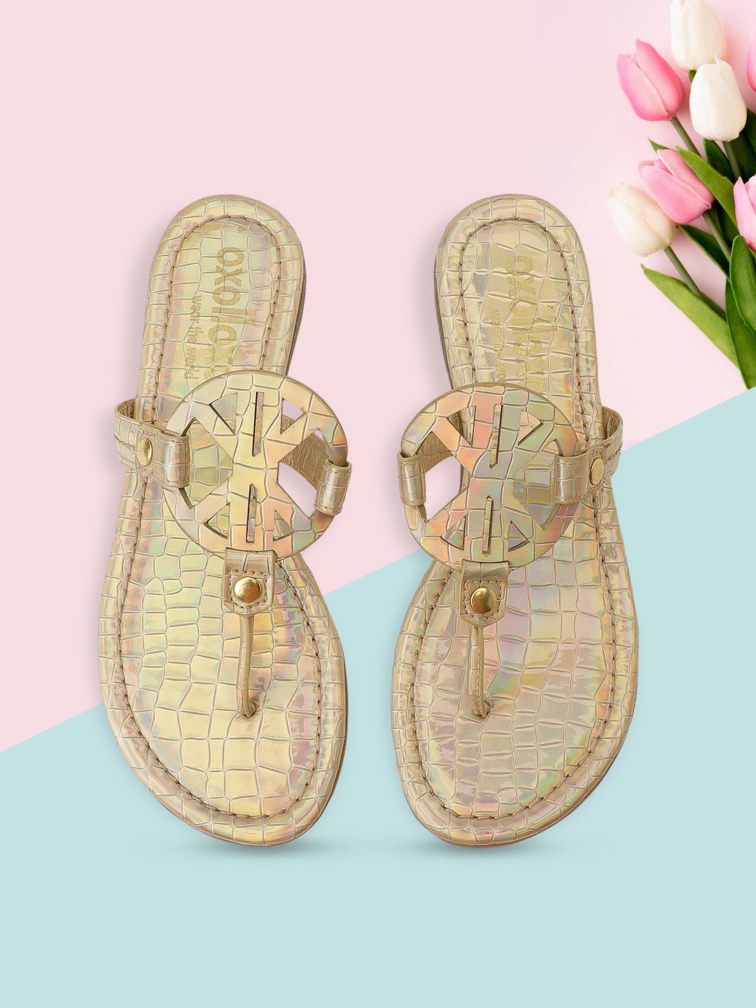 Textured Golden T-Shape Open Back Flat Sandals For Women