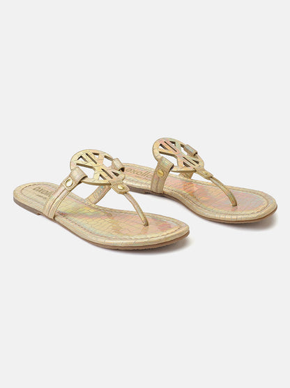 Textured Golden T-Shape Open Back Flat Sandals For Women