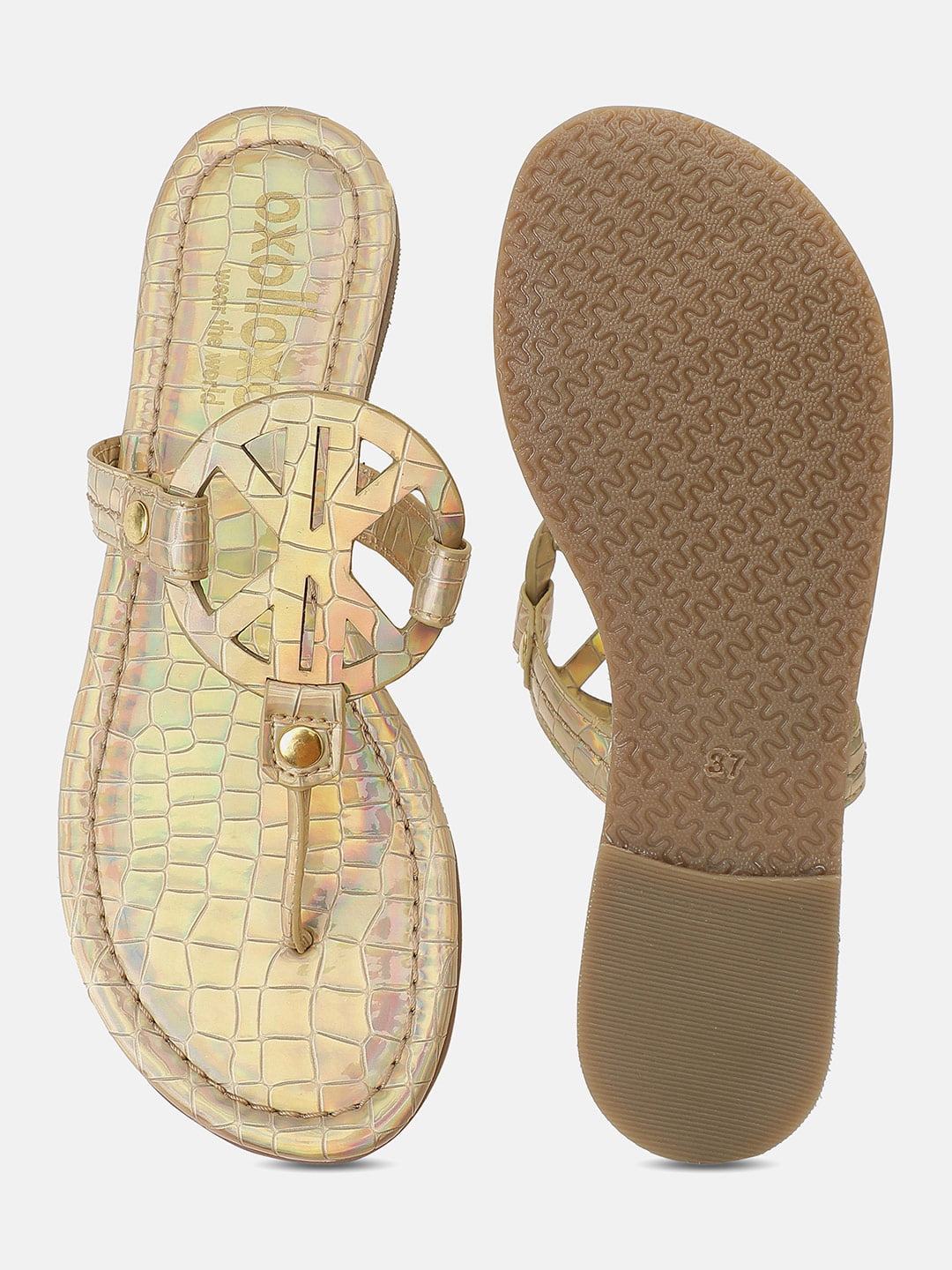 Textured Golden T-Shape Open Back Flat Sandals For Women