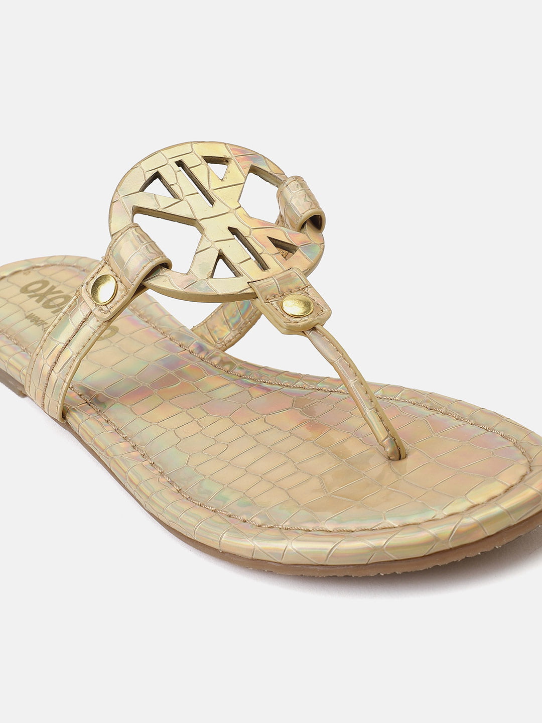 Textured Golden T-Shape Open Back Flat Sandals For Women