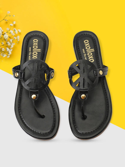 Solid Black T-Shape Open Back Flat Sandals For Women