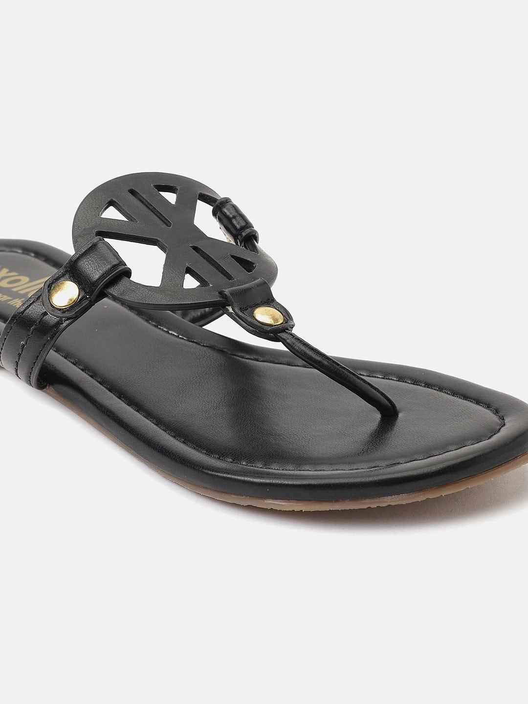 Solid Black T-Shape Open Back Flat Sandals For Women