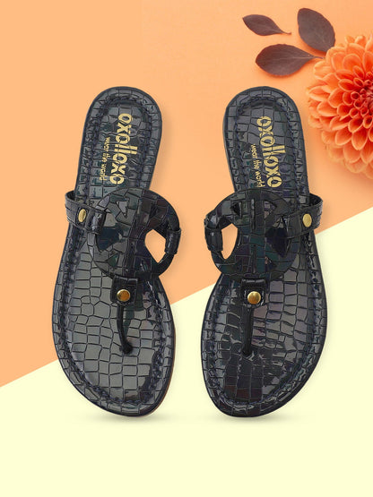 Textured Navy Blue T-Shape Open Back Flat Sandal Now