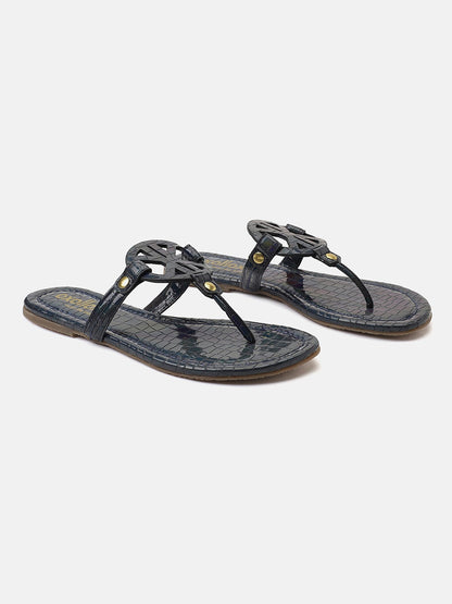 Textured Navy Blue T-Shape Open Back Flat Sandal Now