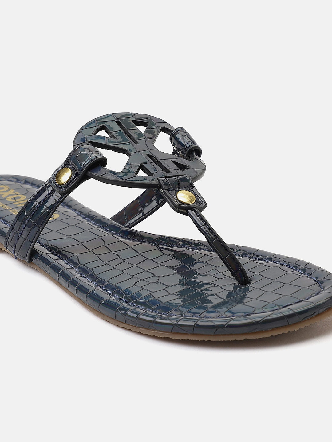 Textured Navy Blue T-Shape Open Back Flat Sandal Now