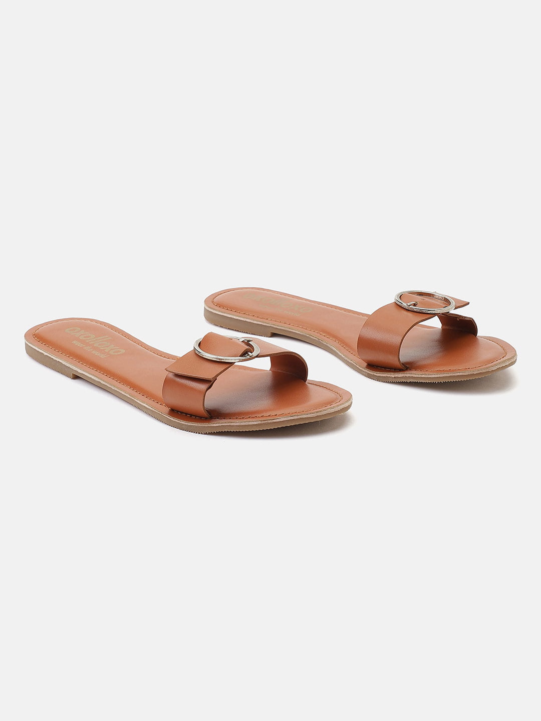 Brown Tanned Buckled Open Back Flat Sandal For Women