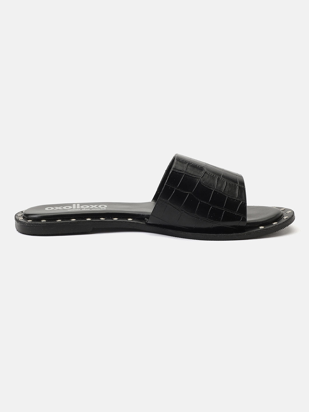 Dark Black Open Back Pu Leather Flat Sandal Stylish