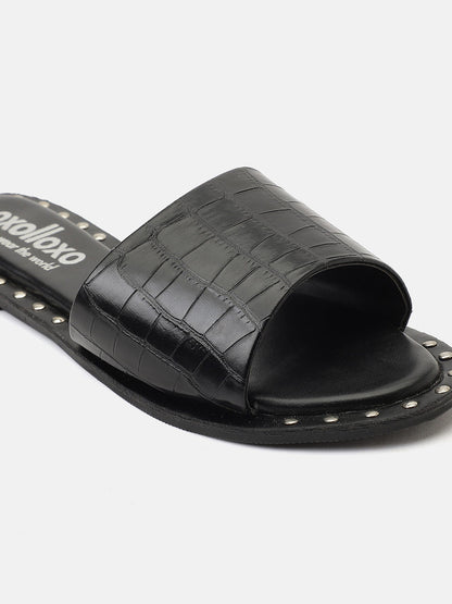 Dark Black Open Back Pu Leather Flat Sandal Stylish