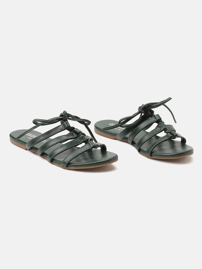 Olive Green Strings Tie-Knotted Open-Back Flat Sandals Now