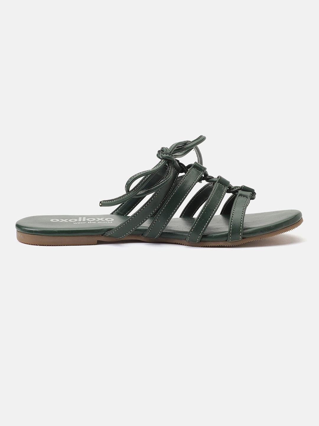 Olive Green Strings Tie-Knotted Open-Back Flat Sandals Now