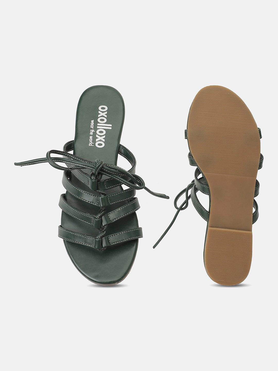 Olive Green Strings Tie-Knotted Open-Back Flat Sandals Now – oxolloxo