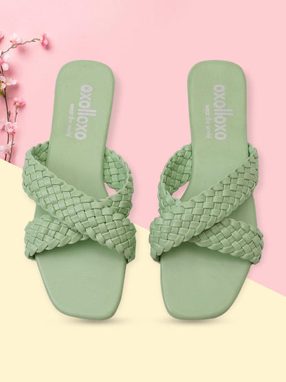 Supreme Sea Green Braided Cross Strap Open Back Sandals