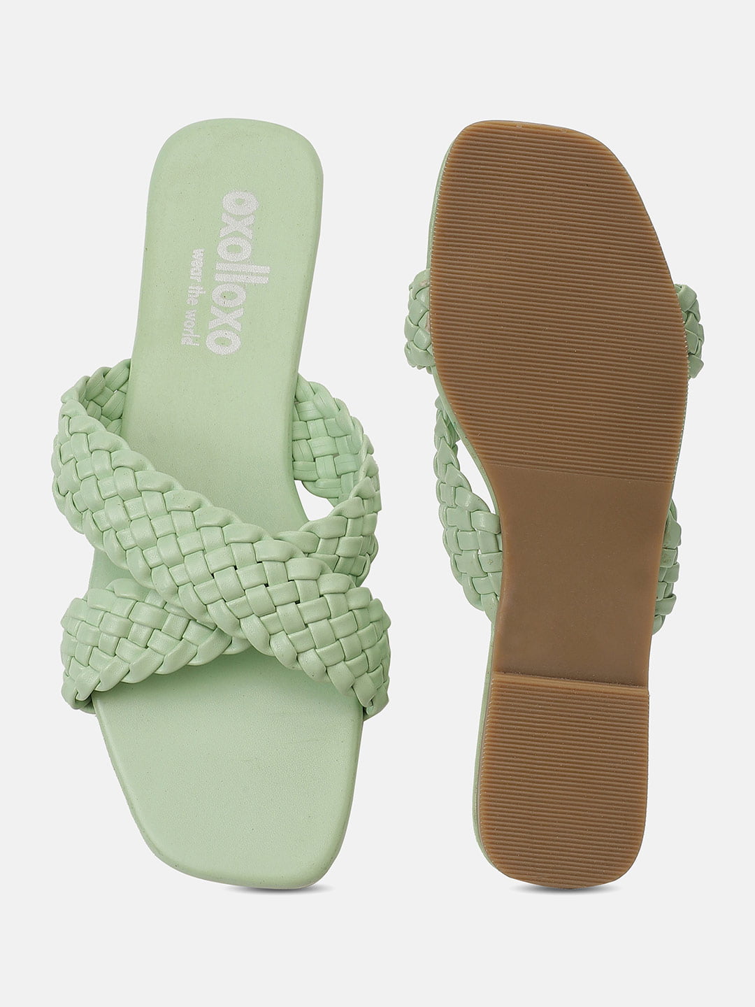 Supreme Sea Green Braided Cross Strap Open Back Sandals