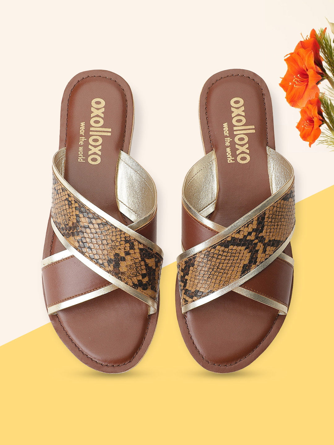 Elegant Brown Animal Print Cross Strap Open Back Sandals