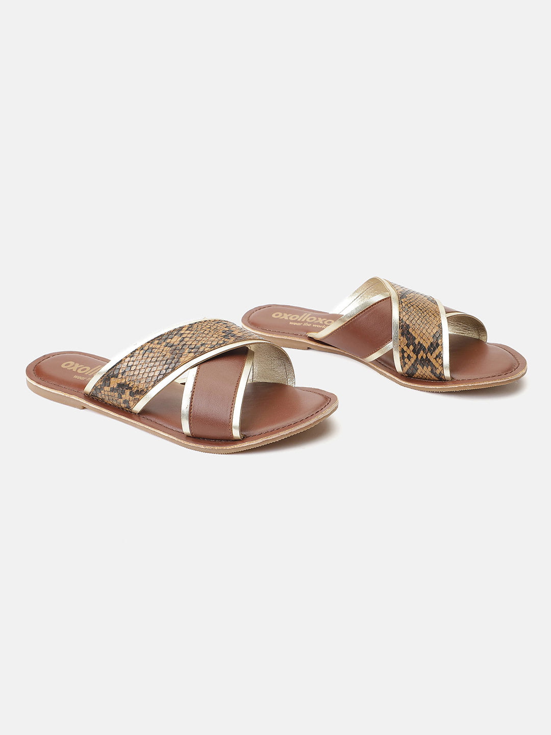 Elegant Brown Animal Print Cross Strap Open Back Sandals